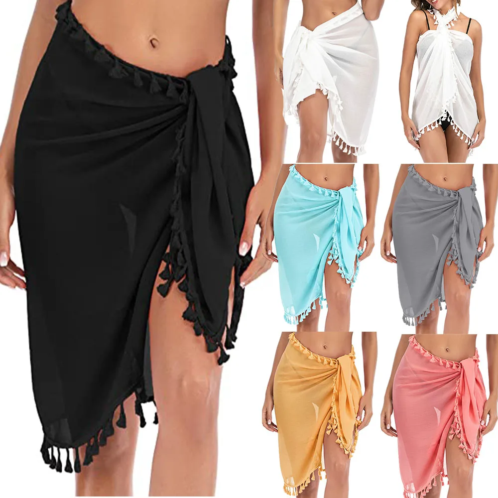 Maiô coverups para mulher sarong praia biquíni envoltório sheer saia curta cachecol para roupa de banho com borla