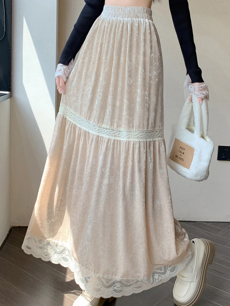 

Autumn Winter Style Velvet Lace Splicing Skirts Women's Clothing New Sequin Elastic High Waist Slim Long Skirt Elegant Versatile