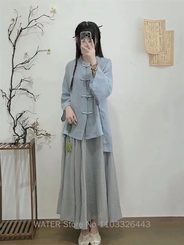 Air Liziqi tradisional Retro Hanfu elemen Set wanita baru gaya etnik Cina pakaian Tea V-Neck merasa malas celana kasual