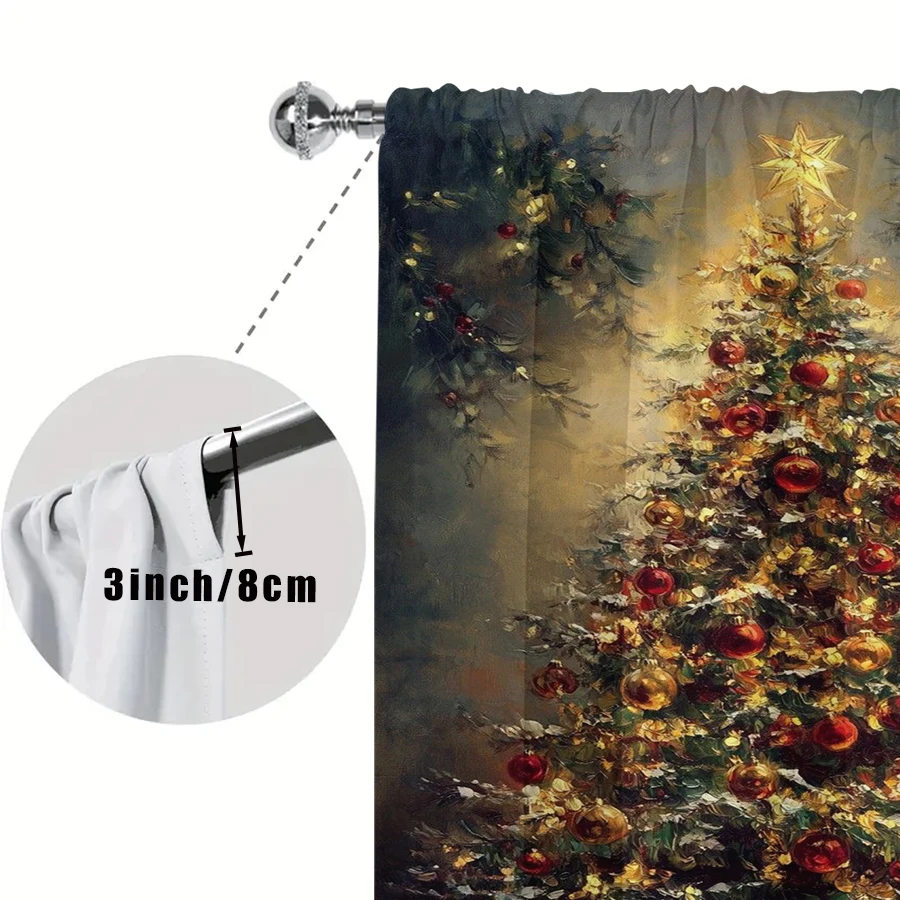 2PCS Vintage Oil Painting Christmas Tree Curtains, Candle Gift Winter Holiday Window Drapes for Bedroom Living Room Decor