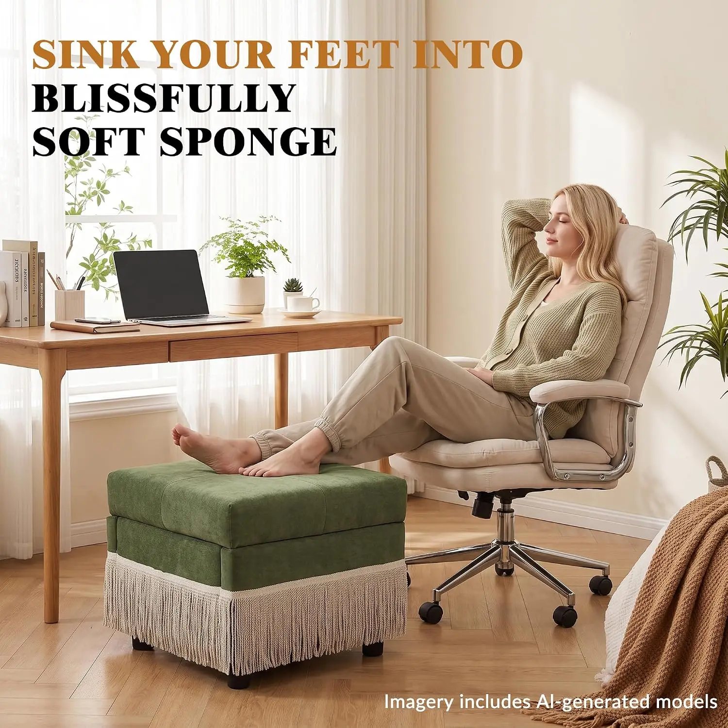 Square Fringe Ottoman Storage Button Tufted Chenille Padded Pouf Footstool Bench Entryway , Customized