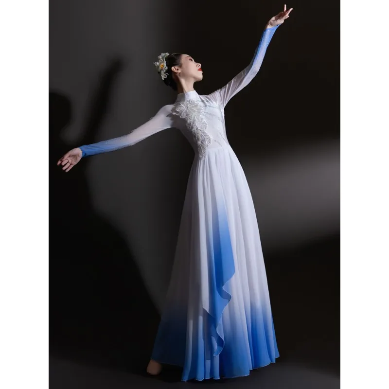 زي الرقص الكلاسيكي - تنورة بيضاء كبيرة متدفقة لأداء الرقص المفتوح، زي الرقص الصيني #4