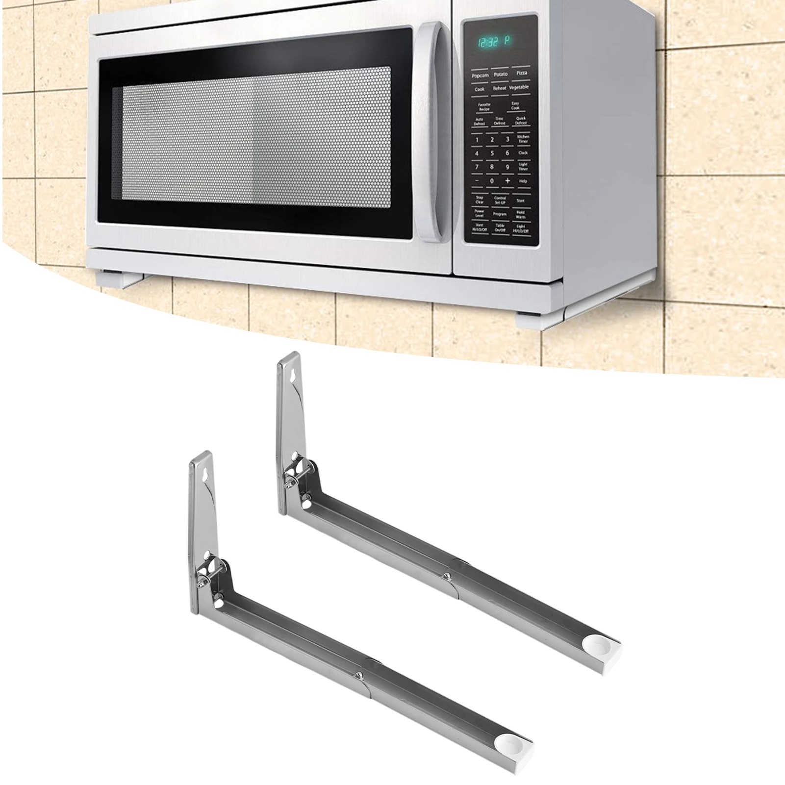 2Pcs Foldable Microwave Oven Shelf Rack Stainless Steel Support Frame Stretch Adjustable Wall Mount Bracket Holder Kitchen Tool