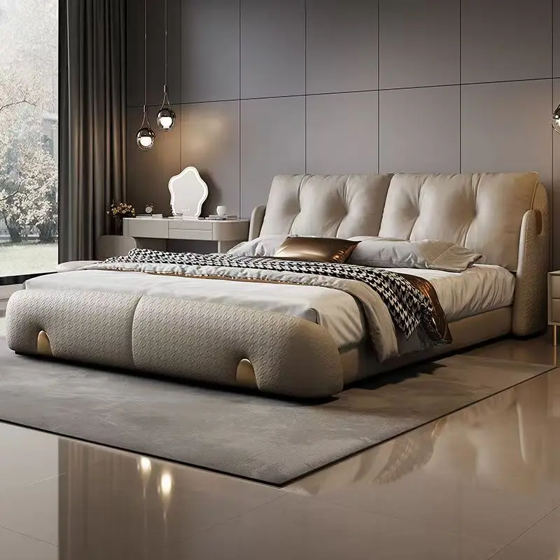 

￥%Popular Modern Luxury Leather Bed Set High-End King Size With Round Soft Wooden Headboard Elegant Headboard Bedroom Set