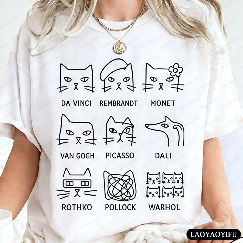 Artistic Cats T-Shirt Famous Painters Inspired Graphic Tshirts Art Teacher Gift Vintage Minimalist Style Cotton Tees Unisex Tops