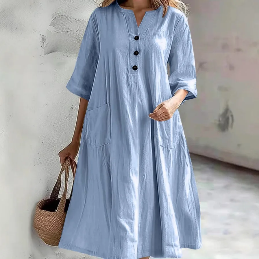 

Casual Loose Cotton Long Dress Women Spring Summer 2025 Fashion Half Sleeve V-Neck Pockets Dresses Elegant Party Vestidos Robe