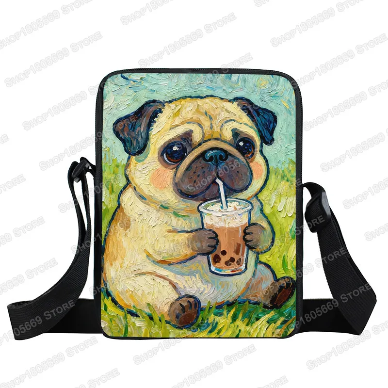 Oil Painting Animals Drinking Milk Tea Crossbody Bag Cat Dog Panda Sloth Women Handbag Shoulder Bags Phone Holder Messenger Bags