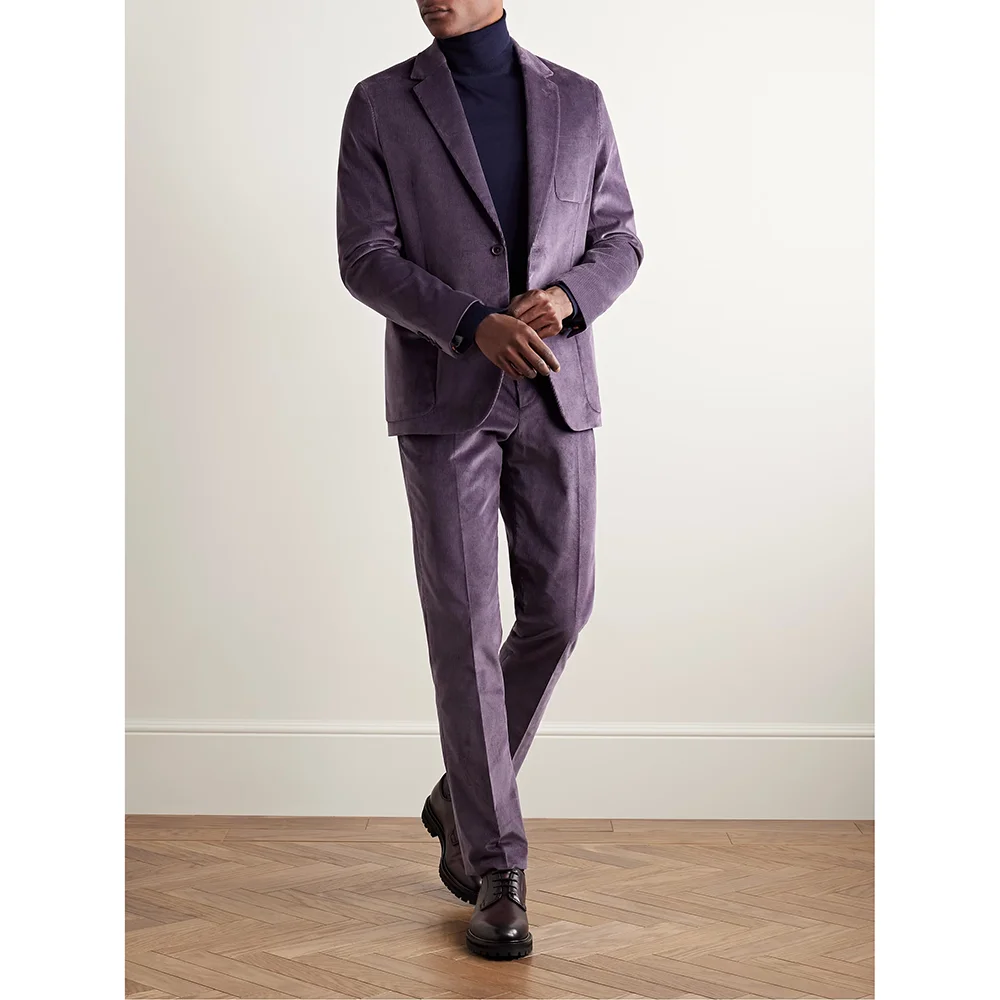 

Purple Corduroy Peaked Lapel Single Breasted Men Suits Wedding Party Fashion Man Sets Banquet Sets 2 Pieces (Jacket+Pants)