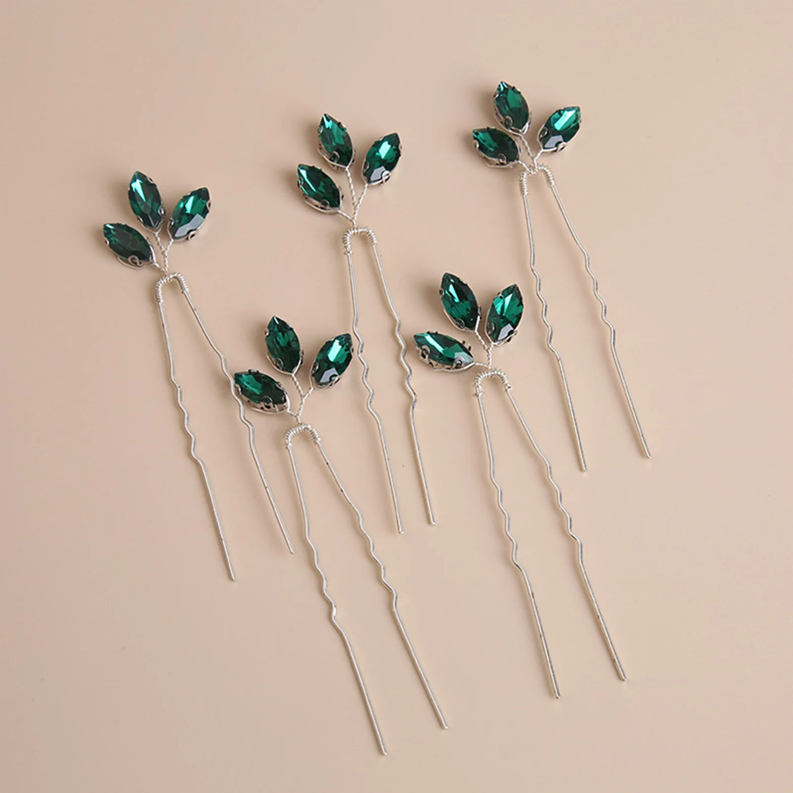 Crystal Hairpin Wedding Hair Accessories Green Leaf U-shaped Hair Clip Forks Simple Bridal Prom Tiara Marriage Hair Jewelry Gift