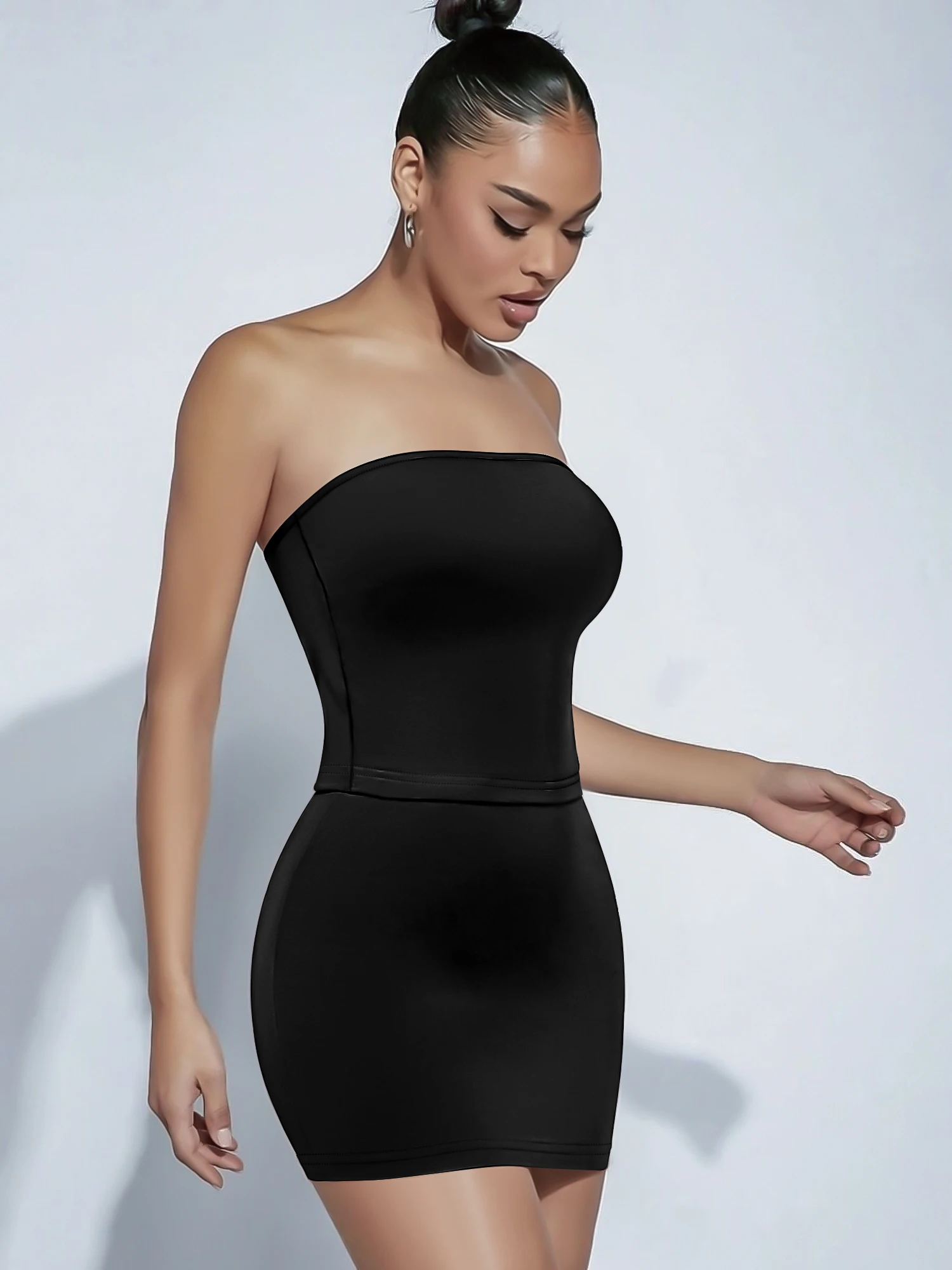Minimal Strapless Matching Suit, Fitted Mini Skirt Set for Daily City Outing