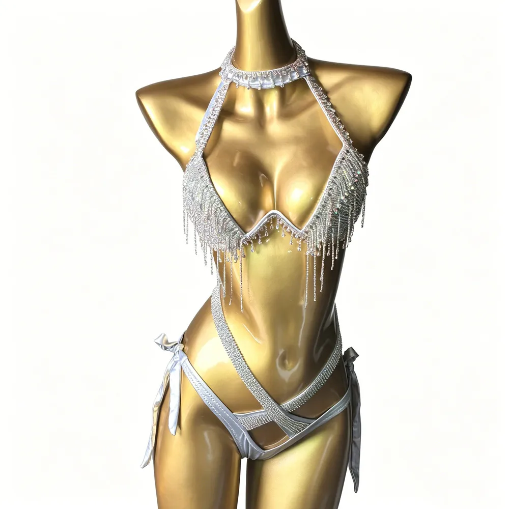 Shiny Rhinestone Chain Bikini Women Swimsuit Bling Crystal Fringe Bikini Beach Vacation Swimwear Nightclub Party Show Costume