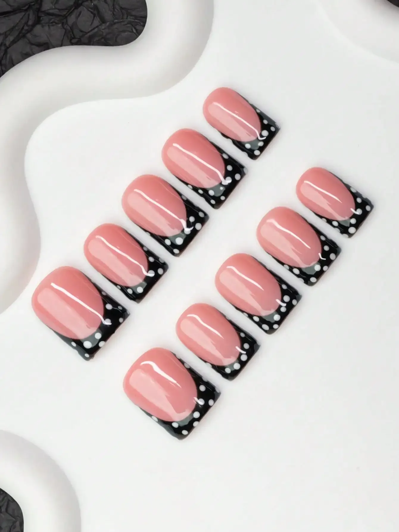 10pcs Square Shaped Handmade Nail Tips, Y2K Baddie Style, Nude & Black Color With French Tips And Polka Dot Elements, Handcrafte