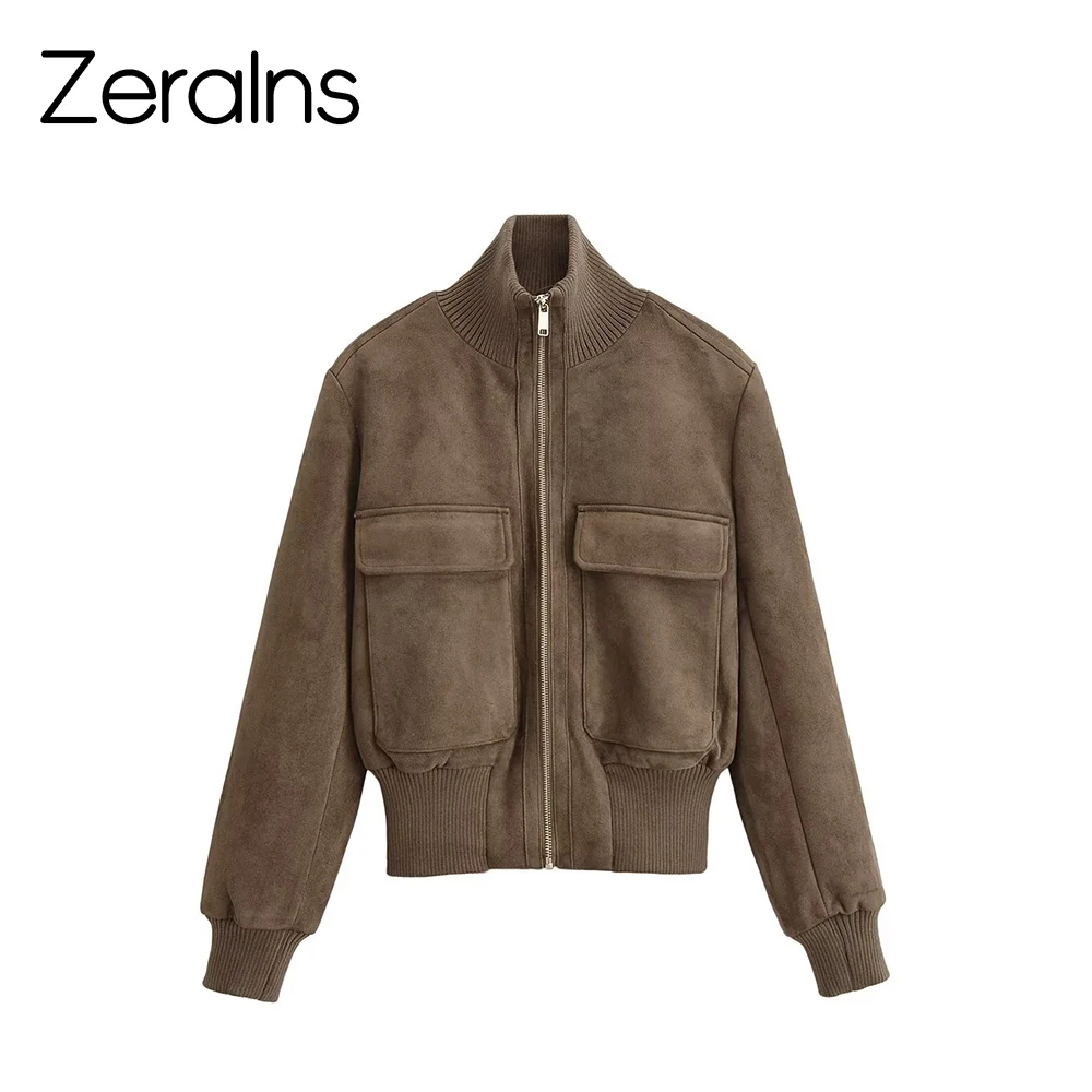 ZERAINS Frühlingsjacke im europäischen und amerikanischen Stil für Damen, lässig, vielseitig, temperamentvoll, langärmelig, mit Stehkragen, Pilotenjacke
