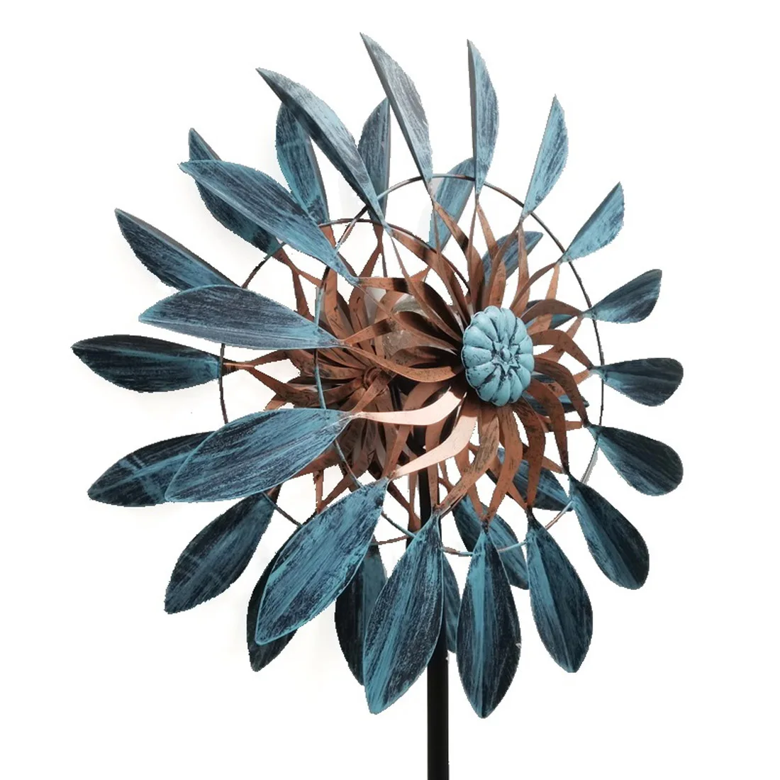 Garden Decoration Wind Turn 360 Degrees Double-sided Rotating Plug Ornaments Antique Blue leaf Windmill