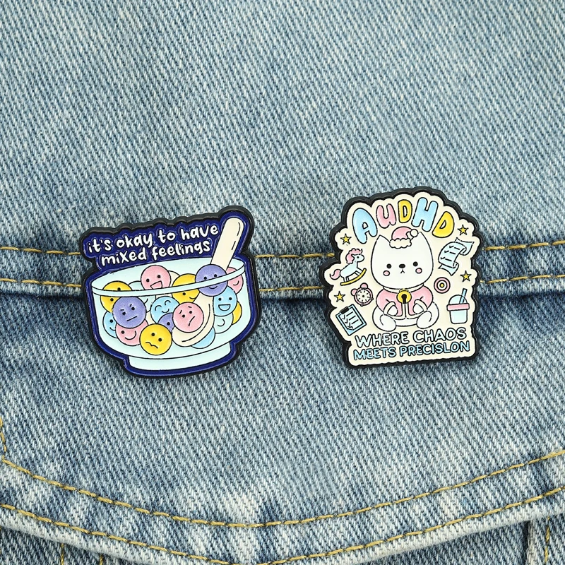 Neurodiversity Acceptance Pin ADHD Cat Design Brooch with Mixed Emotions Bowl Accessory for Daily Wear Mental Health Gift