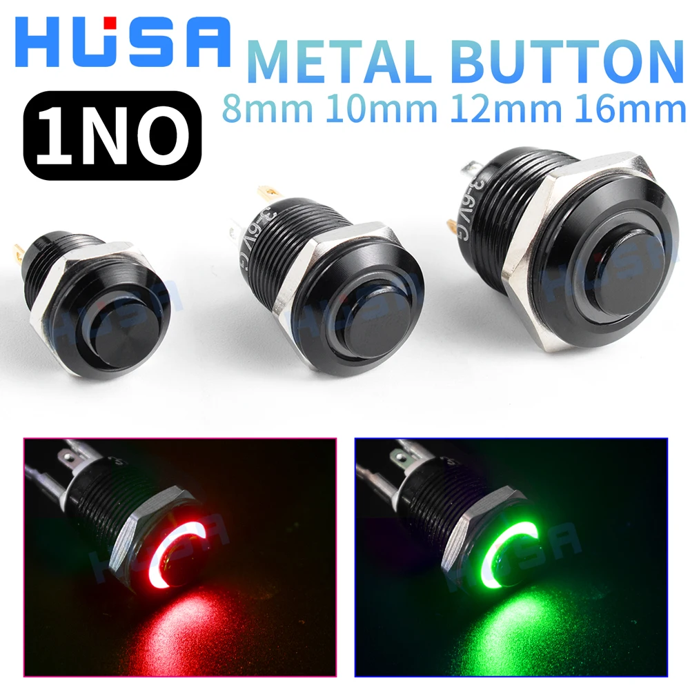 1NO Wysoki głowica Wodoodporny metalowy przełącznik przyciskowy LED Light Samoblokujący/reset 3/6/12/24/220V 8/10/12/16mm Oksydowany czarny
