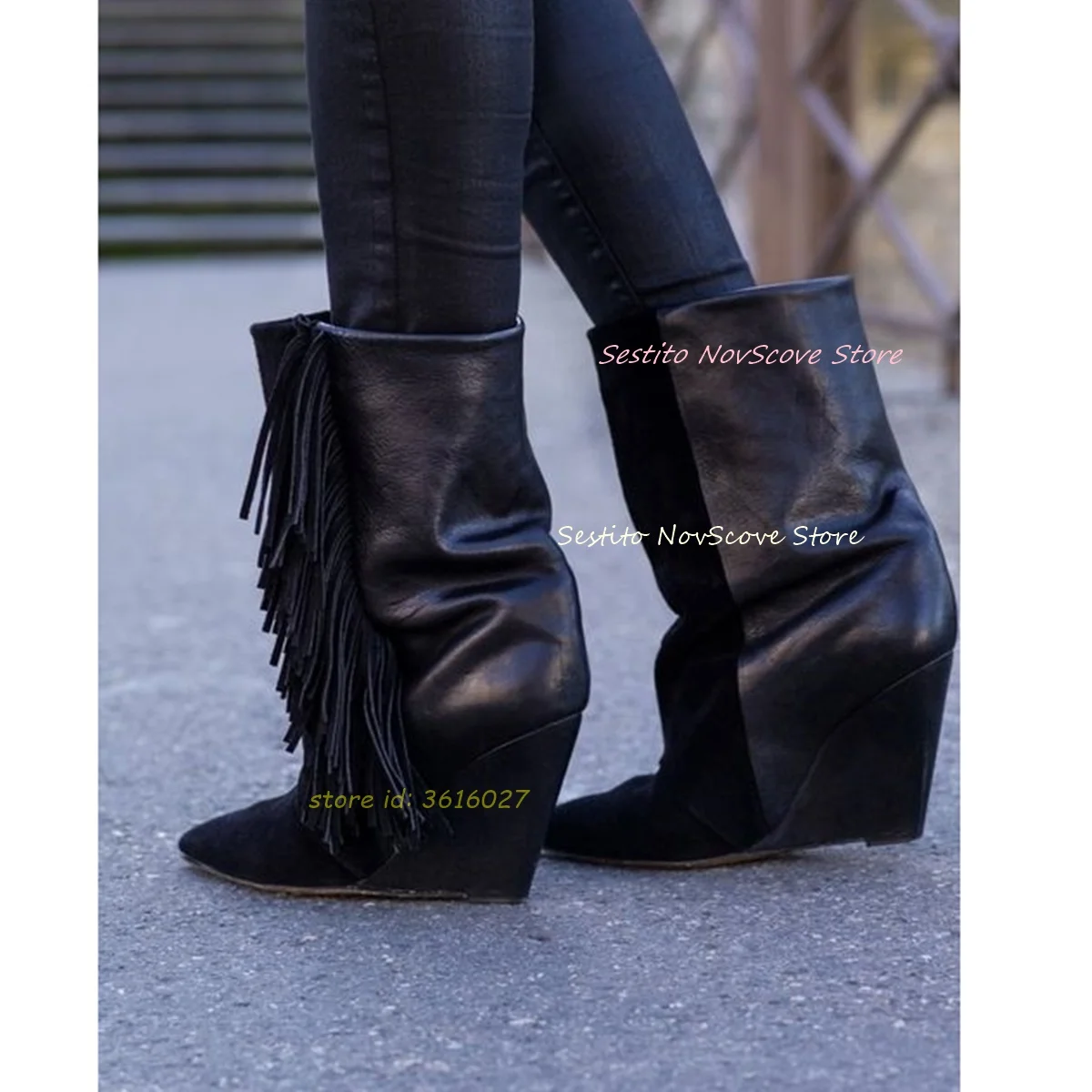 

Сапоги до середины икры с острым носком и кисточками, черные замшевые лоскутные кожаные ботинки на танкетке, винтажные пикантные женские классические осенние вечерние ботильоны