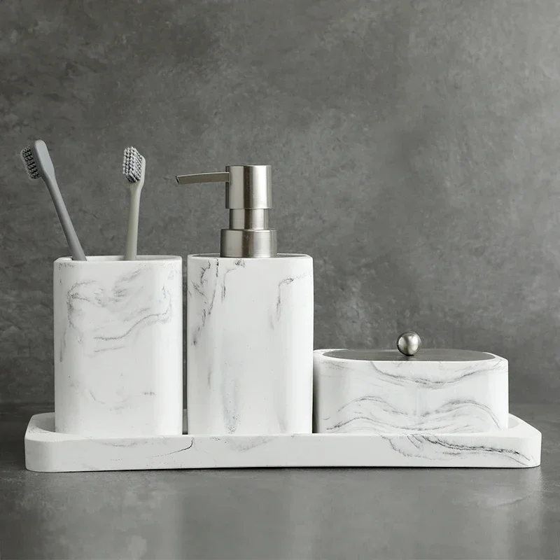 4 Pieces Bathroom Accessory Sets with Marble Look Includes Lotion Dispenser Soap Pump Tumbler Cotton swab box and Tray