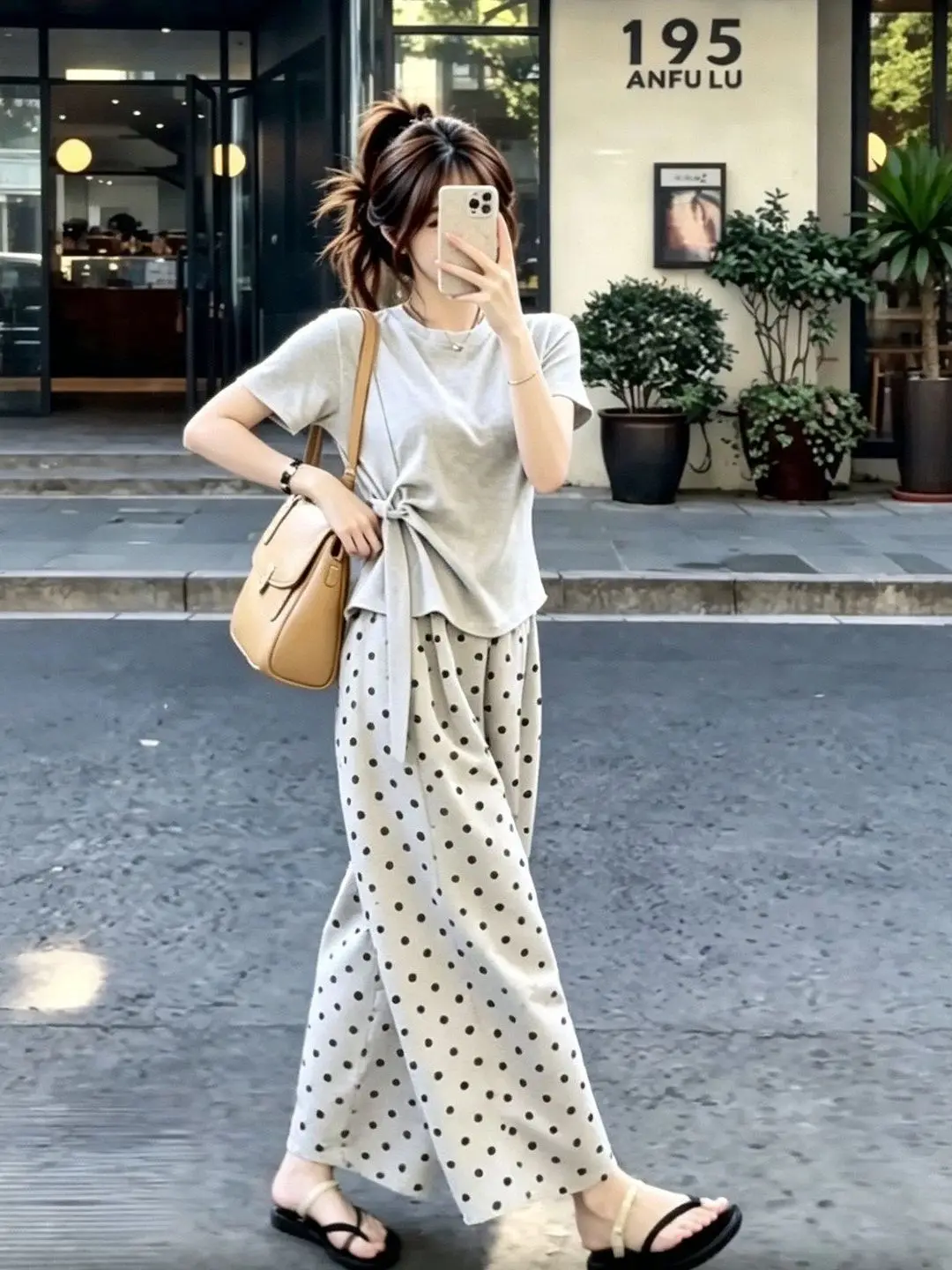 

Summer Slimming High Waist Polka Dot Casual Pants Short Sleeve Top School Style Two Piece Set Women's Fashion Loose Fit T-Shirt