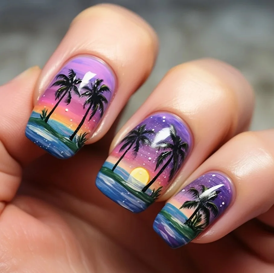 24pcs Short Square False Nails Art Cute Flower Design Blue Ballet Press on Nails Tips Shiny Powder Fake Nail Artifical Manicure