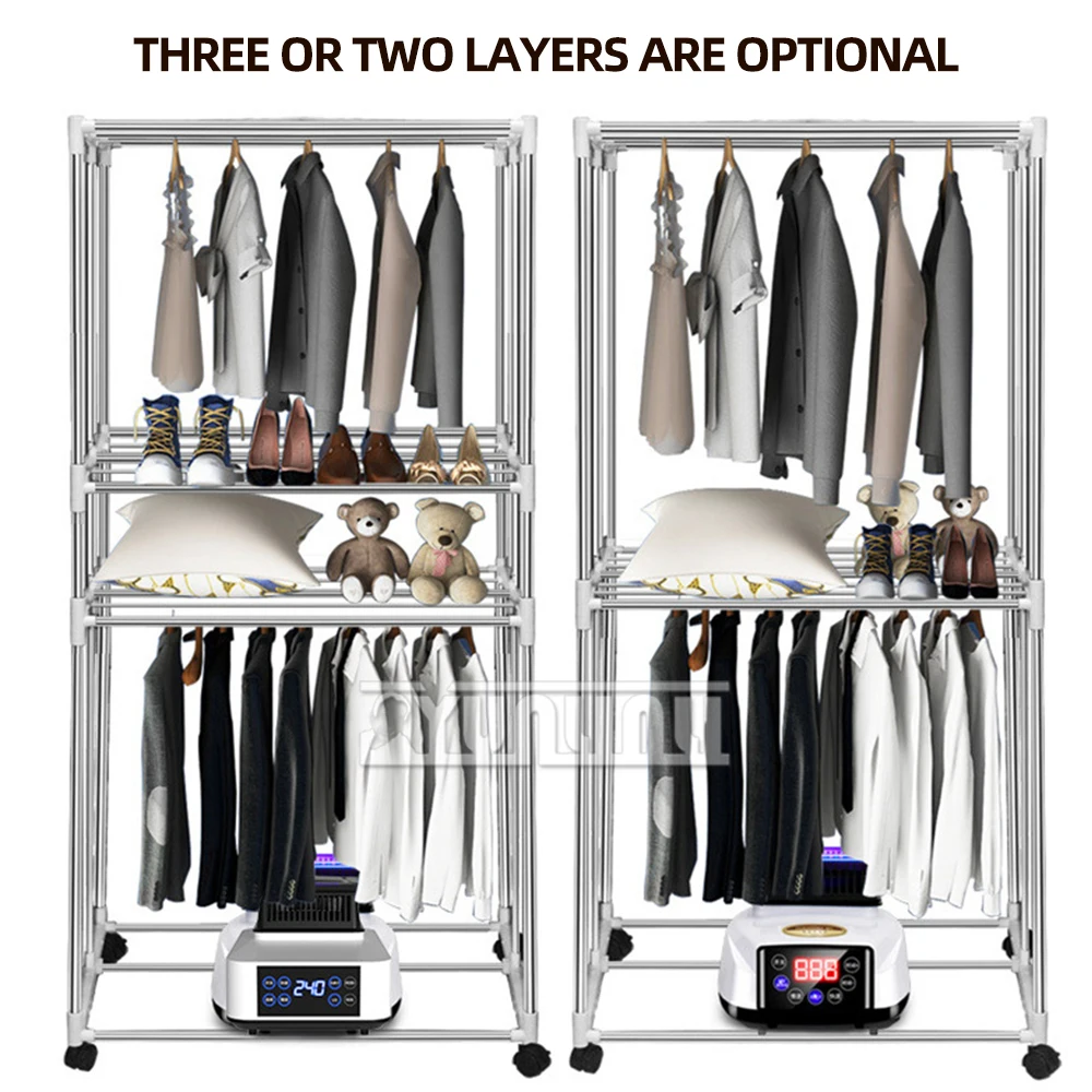 Pengering pakaian rumah tangga portabel 1500W, pengering pakaian rumah tangga kapasitas besar dapat dilipat 8 kunci Remote Control 3 lapis kering