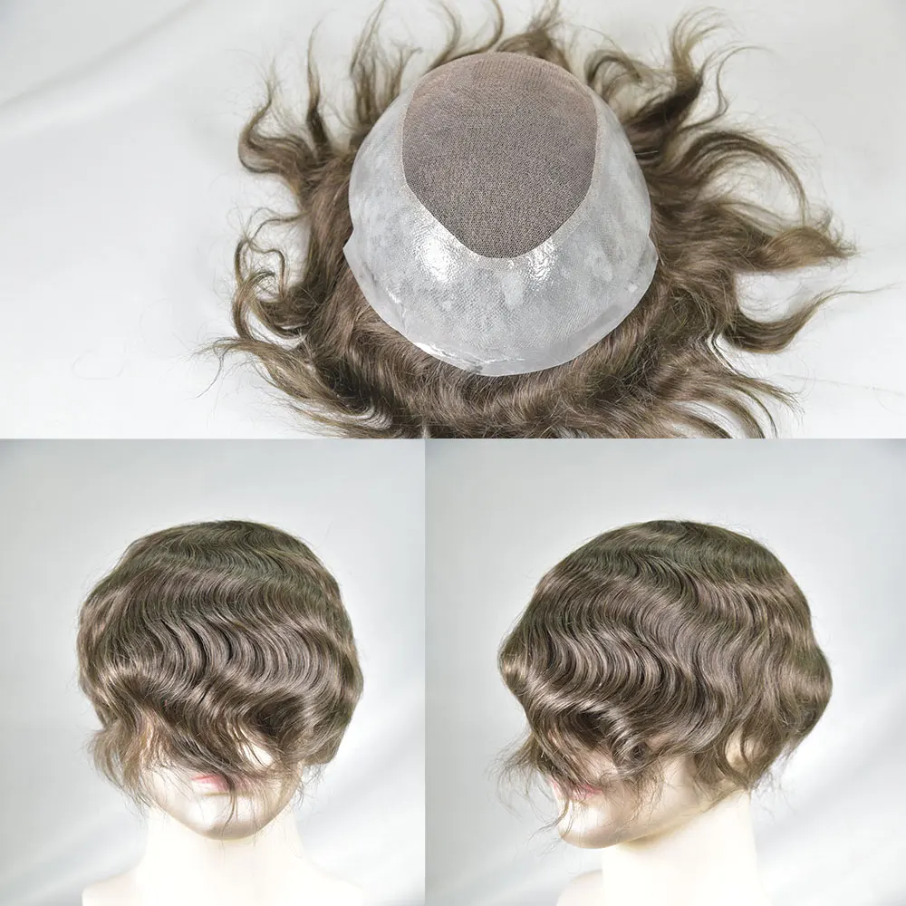 Men's European Human Hair Toupee, 8x10 Inch, 6 Inch Length, Light Brown 4#, 38mm Wave, Swiss Lace & PU Base