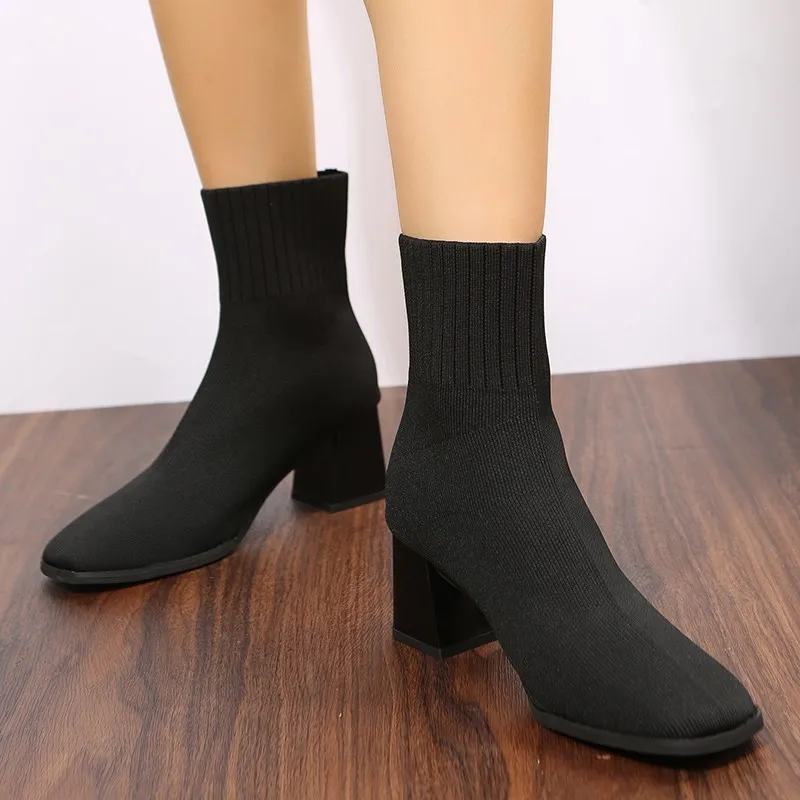 Women Elastic Knitted Socks Boots Woman Slip on Stretch Fabric Ankle Boots Autumn Fashion Square Toe Thick High Heels