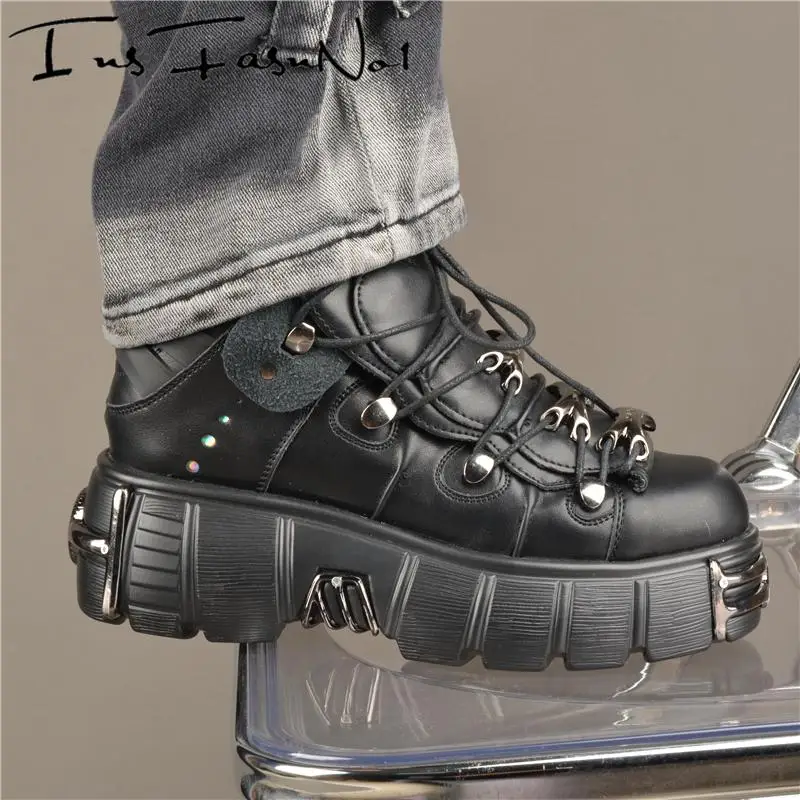 Platform Metal Toe Chunky Sneakers Women\'s Gothic Punk Style Sneakers Rock Design Black Walking Shoes Casual Female Runway Shoes