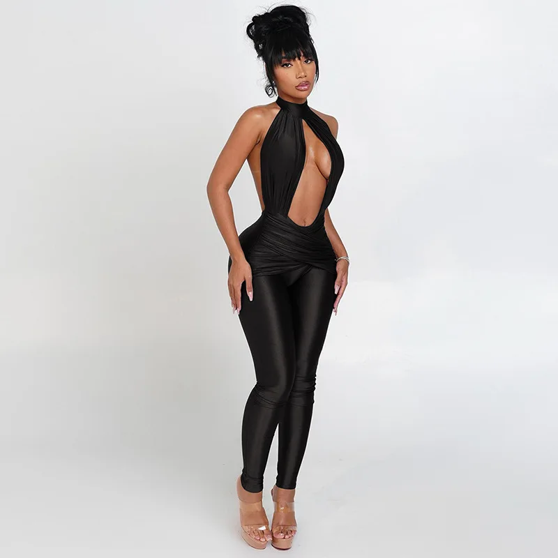 STYLISZE DAMSKIE Kombinezony z Odkrytymi Plecami 2025 Jesień Damskie Kombinezony typu Halter Bez Rękawów Obcisłe Jednolite Kolory Seksowne Kombinezony na Imprezę i do Klubu