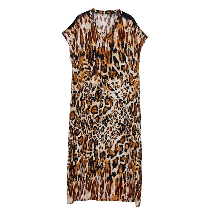 Damska luźna sukienka Boho Leopard Print V-Neck Maxi Dress G116 - Wiosna Lato 2025 Casualowa sukienka plażowa, duży rozmiar szyfonowa szata w stylu