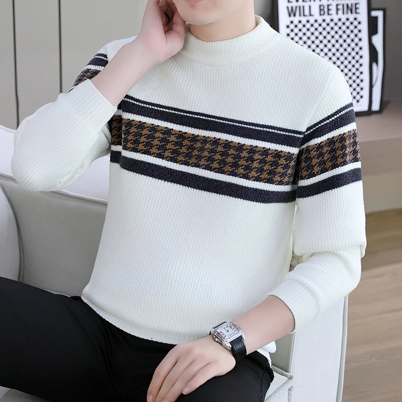 

Мужской вязаный свитер с круглым вырезом, осенне-зимний, приталенный, модный, с цветными блоками, повседневный трикотаж, удобный, из шерсти средней плотности