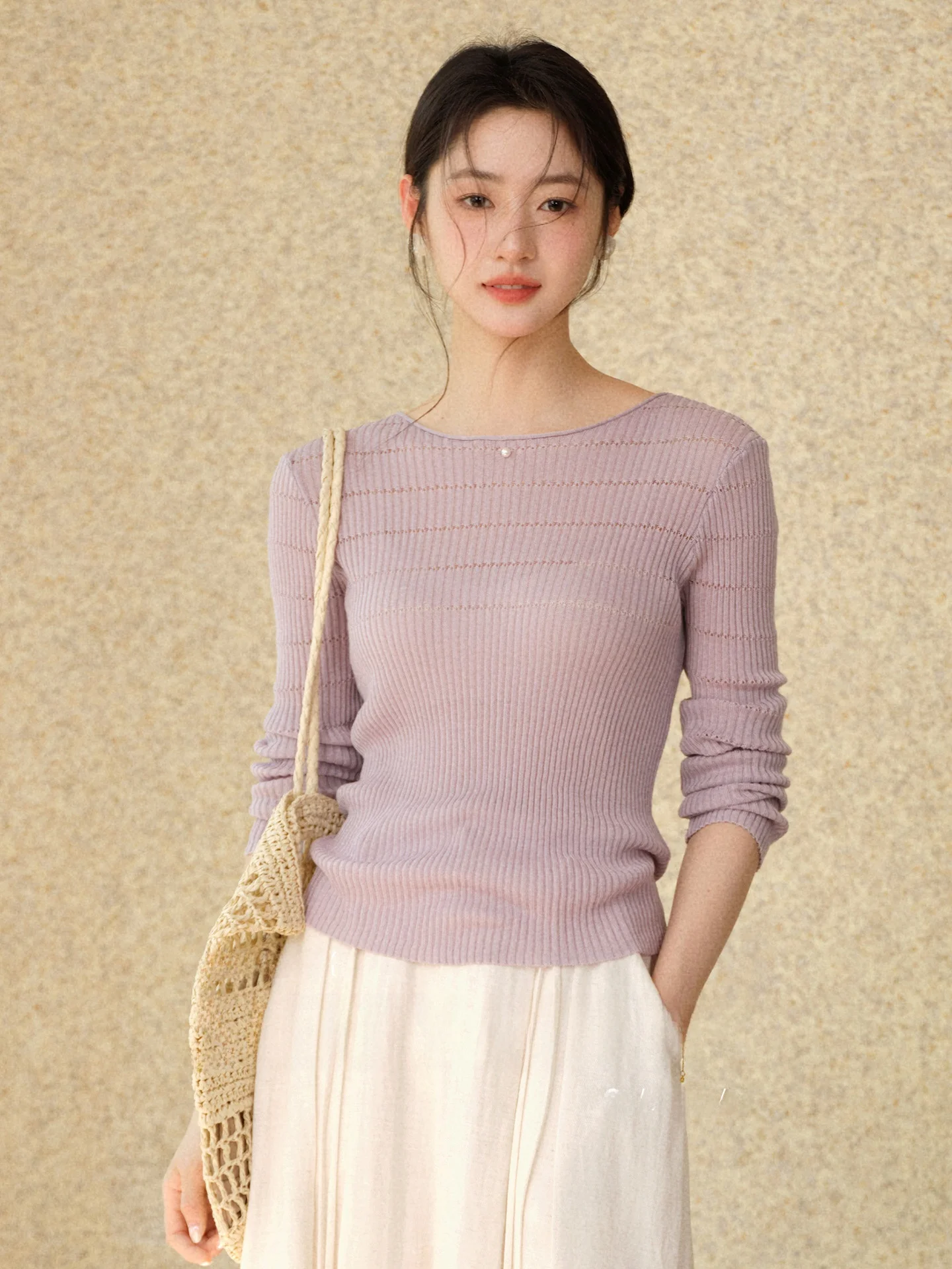 

Slimming Long Sleeve Knitted Sweater round Neck Striped Design for Women Spring Summer Season Casual Comfortable Breathable Top