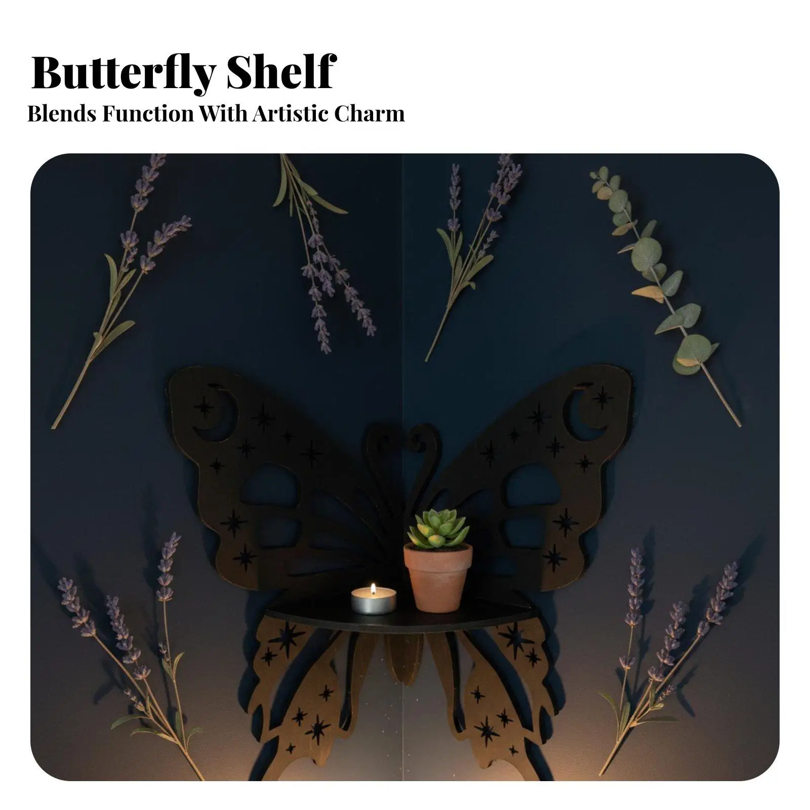 Solid Wood Butterfly Wall Mounted Shelf with Star Moon Hollow Design for Room Decor Corner Display for Living Room