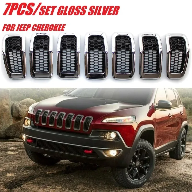 7PCS Car Front Bumper Central Grill Cover Trim Replaced Mesh Honeycomb Racing Grilles For Jeep Cherokee 2014 2015 2016 2017 2018