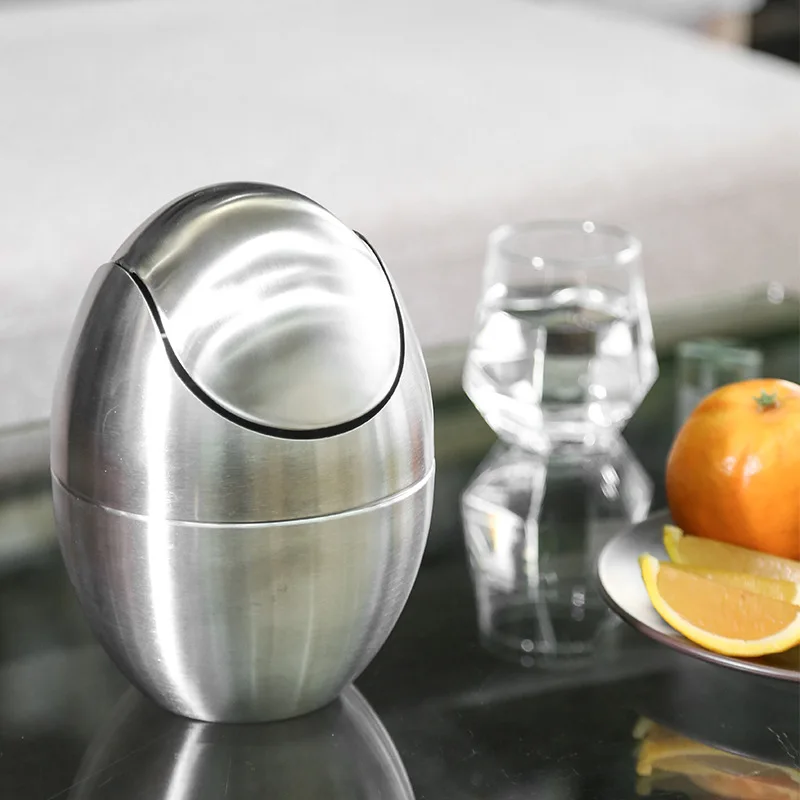 DSA wholesale stainless steel household high-value trash can with lid egg-shaped storage bucket desktop  garbage light luxury