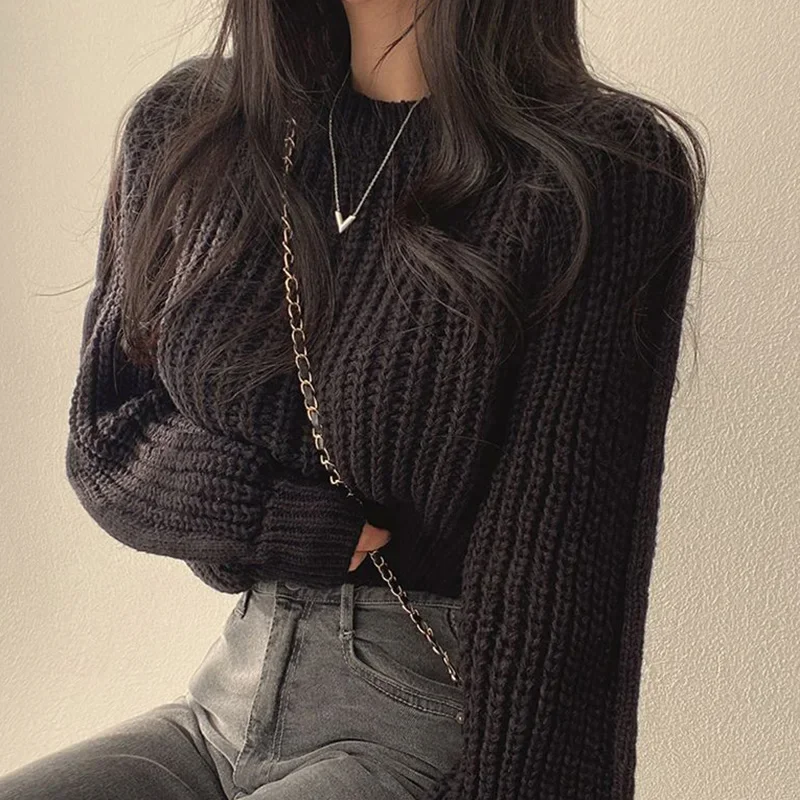 Korean Fashion Women\'s Cropped Sweaters Solid Color Round Neck Knitted Pullover Woman Fall Chic Loose Long Sleeve Jumper Tops