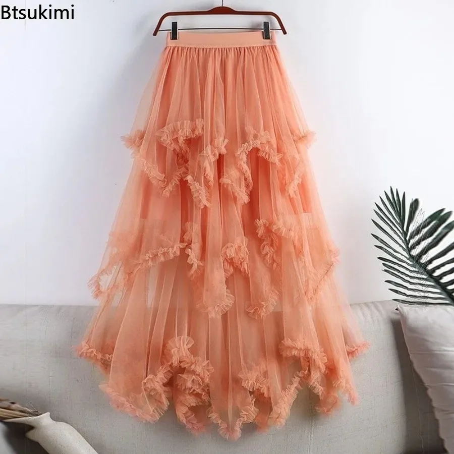 

Women's New Summer Fashion Irregular Cake Tulle Skirt Sweet Midi Long High Waist A-line Skirt Female Mesh Party Evening Dress