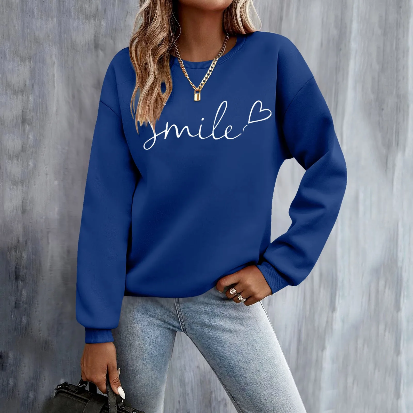 Smile huruf cetak Pullover kaus wanita, Harajuku luar ruangan lengan panjang leher O blus Pullover pakaian jalanan Sweatshirt wanita