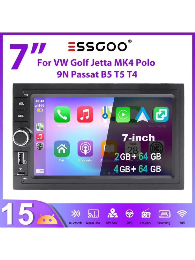 ESSGOO Autoradio Android15 7" 4+64G/2+64G für VW Golf Jetta MK4 Polo 9N Passat B5 T5 T4 SEAT SKODA Wireless CarPlay GPS Navigation Android Auto RDS FM Bluetooth Mirror Link Touchscreen