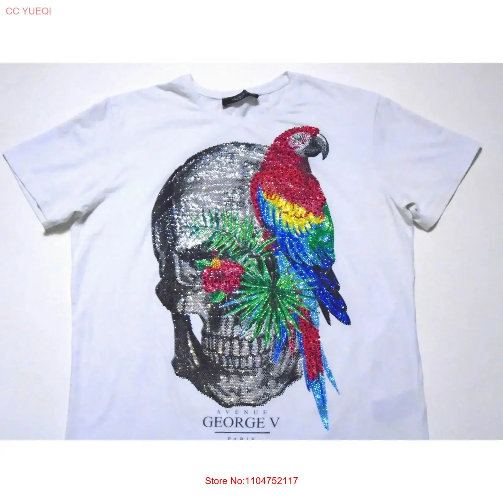 Camiseta Avenue George V Paris con estampado gráfico de calavera y loro con pedrería, blanca, para hombre, talla XL, vintage, lavada, versátil, cómoda, ligeramente gráfica