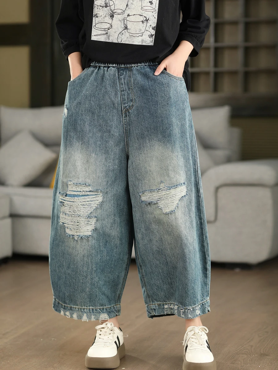 

Retro Handmade Ripped Denim Jeans Women's Spring Sle Artistic Wa Casual Pants Hole Nine Points Cotton Jeans