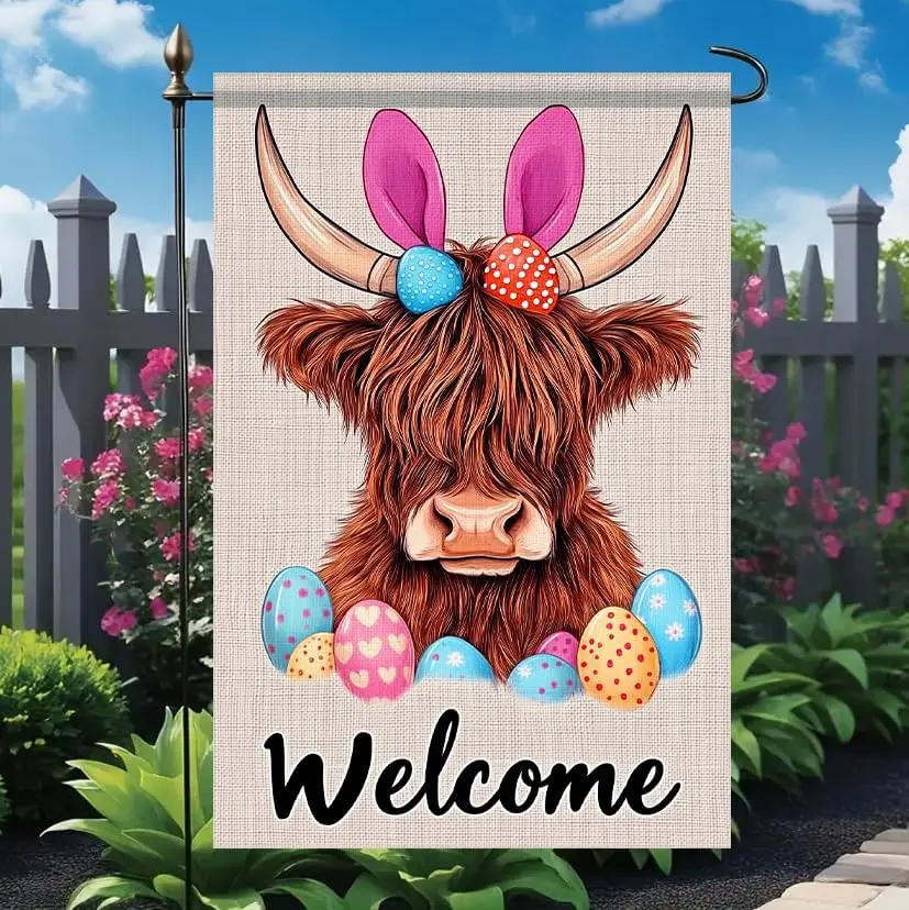 Happy Easter Garden Flag 12x18 Inch Double Sided Highland Cow Bunny Ear Egg Welcome Design Small Outdoor Yard Flag Spring Ea EEZ