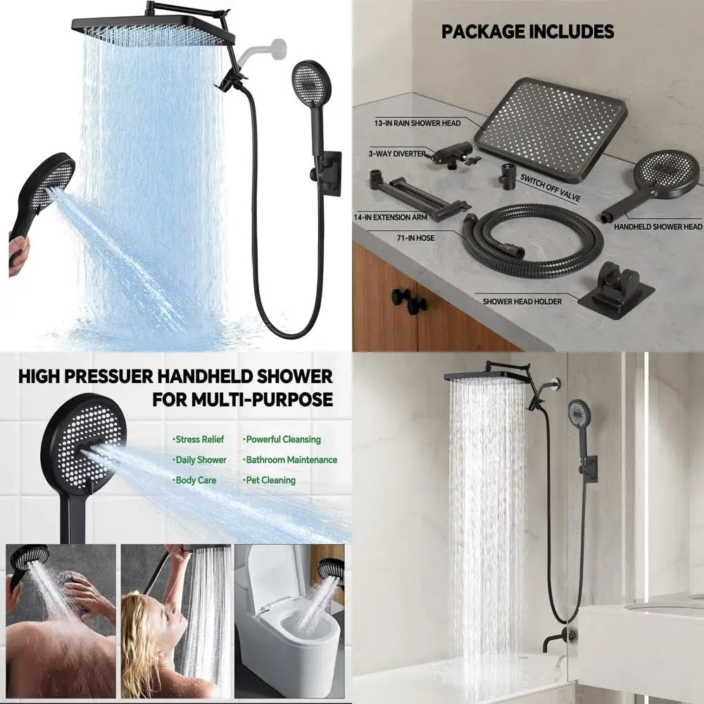

13 High-Purity Rain Shower with Handheld, Wide Coverage, Dual Mode, Extension Arm, Matte Black Finish