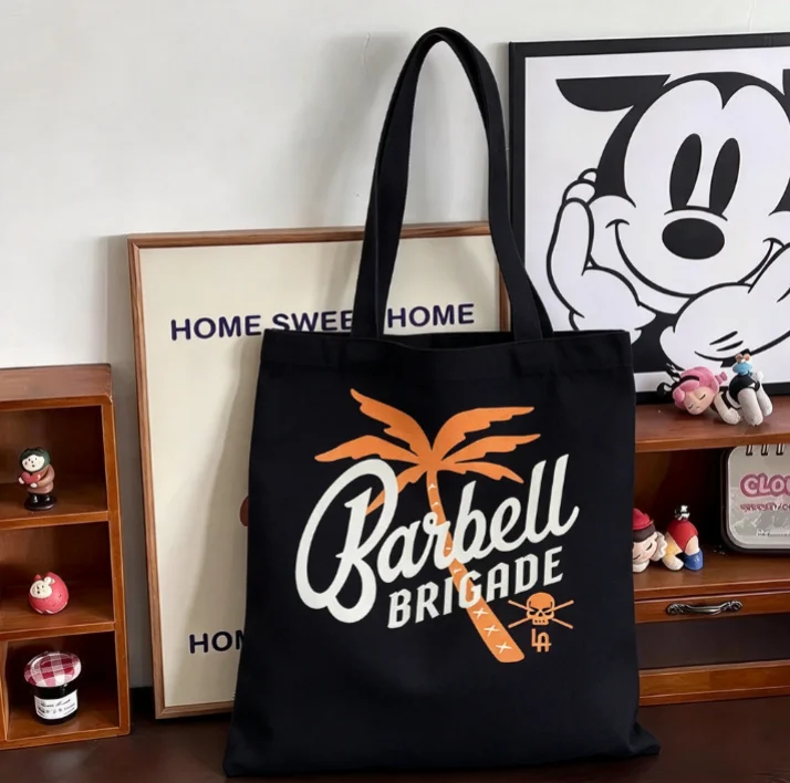 2026 Retro Fitness Style Canvas Shoulder Tote Bag Palm Tree Crossbones Skull Print Large Capacity Handbag For Daily School Use
