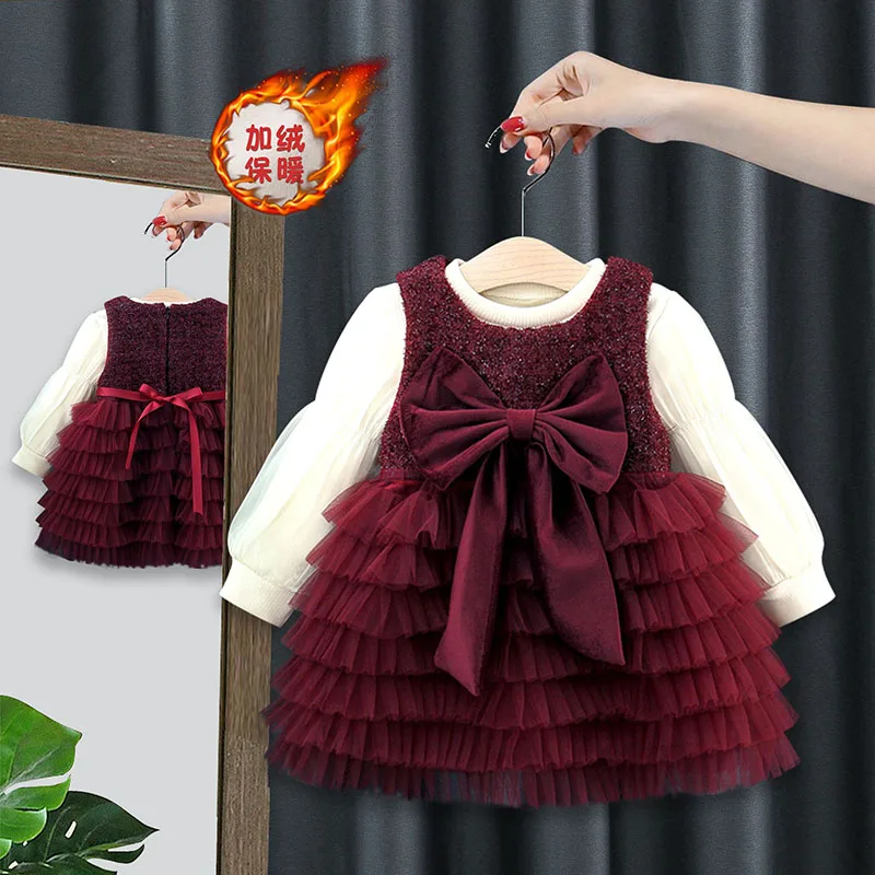 

MILANCEL Winter Kids Clothes Set 9M-4T Cute Fleece Padded Girls Bottoming Shirt +Sleeveless Dress Children Thicken Bow Outfit