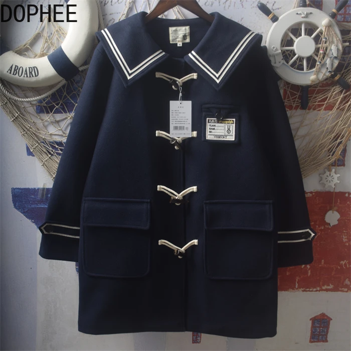 

Japanese Preppy Style JK Mid-long Woolen Coat Patch Embroidery Thicken Quilted Women Jackets Navy Collar Horn Button Outerwear