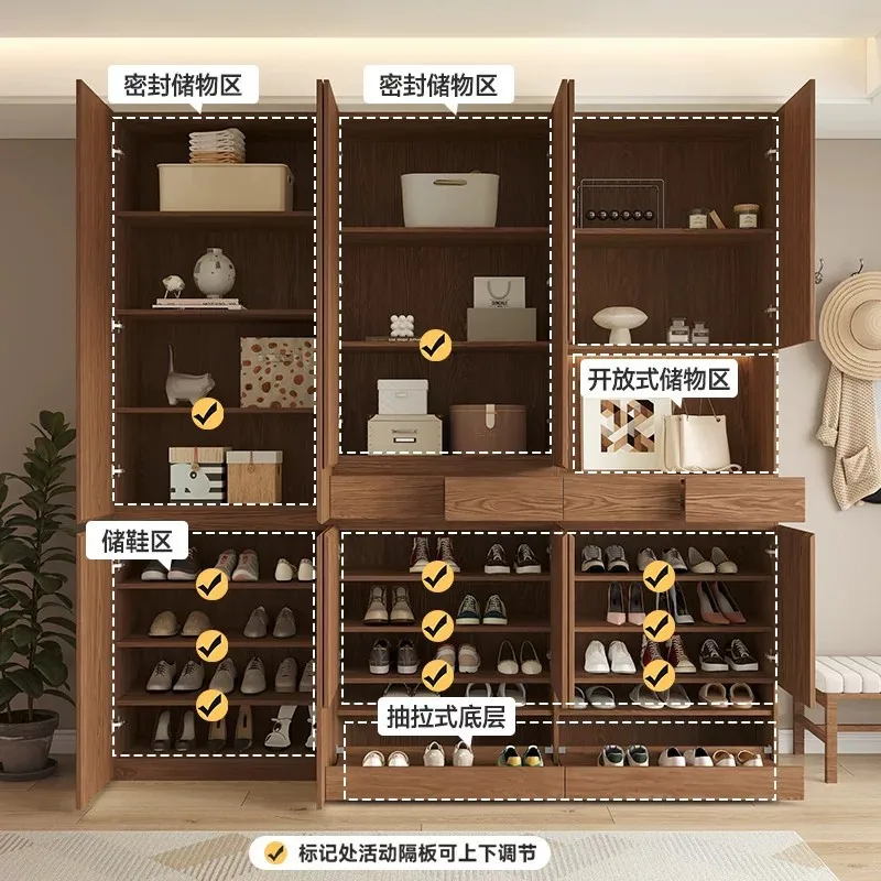 Oak shoe cabinet, home storage at the door, pulling large-capacity walnut-colored solid wood locker