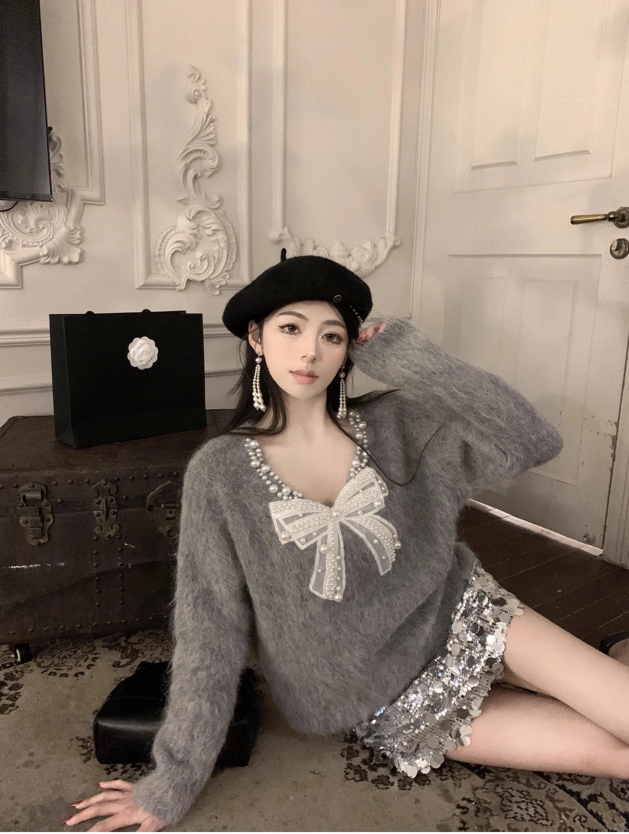 KUSAHIKI Beads Bowknot Faux Mink Cashmere V-neck Sweater Women Autumn Winter Long Sleeve Pullover Korean Knitwear Tops