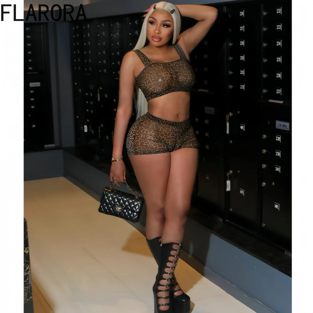 

FLARORA Sexy Leopard Printing 2 Piece Sets Woman Mesh Perspective Backless Tank Tops And Skinny Shorts Midnight Party Clubwear