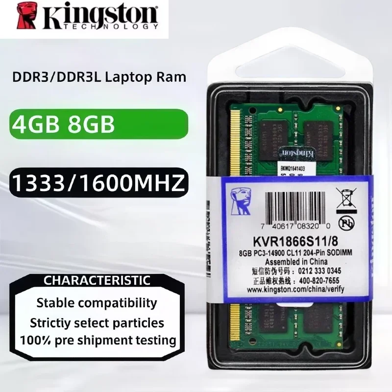 Kingston 1066Mhz 1333Mhz 1600Mhz 1866Mhz Laptop Ram DDR3L DDR3 8GB 4GB SO-DIMM PC3-8500 10600 12800 Notebook DDR3 Dual Channel